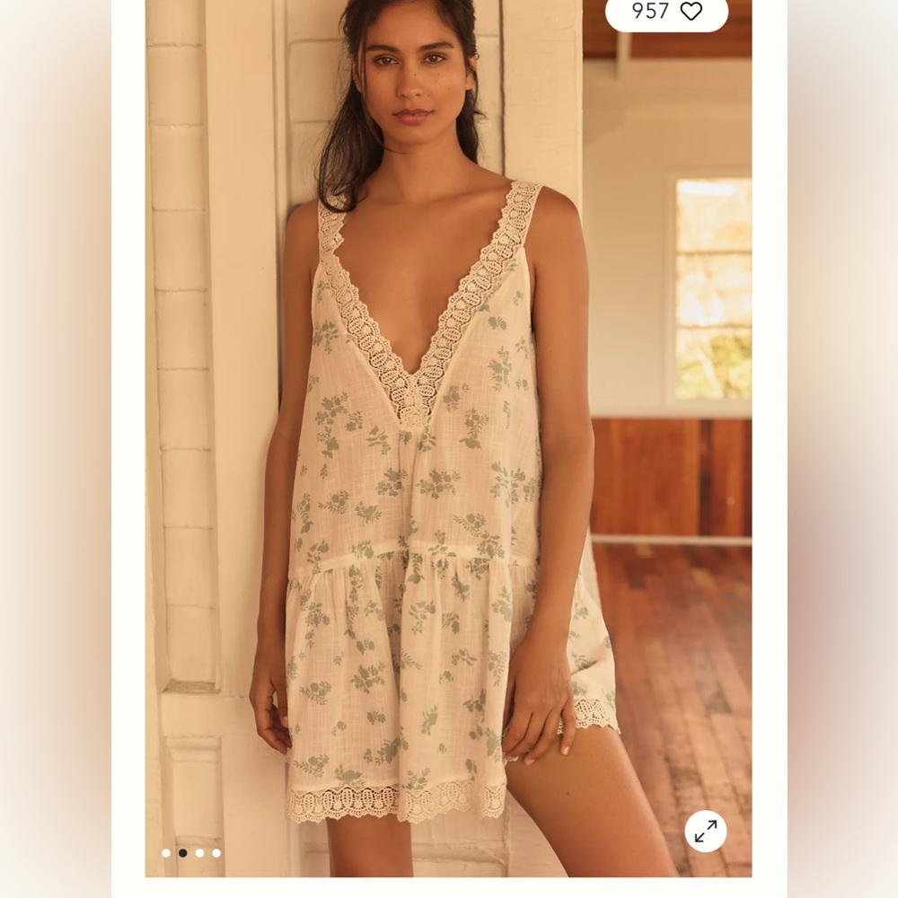 BY ANTHROPOLOGIE EMBROIDERED-TRIM V-NECK MINI SLEEP DRESS - Picture 2 of 5